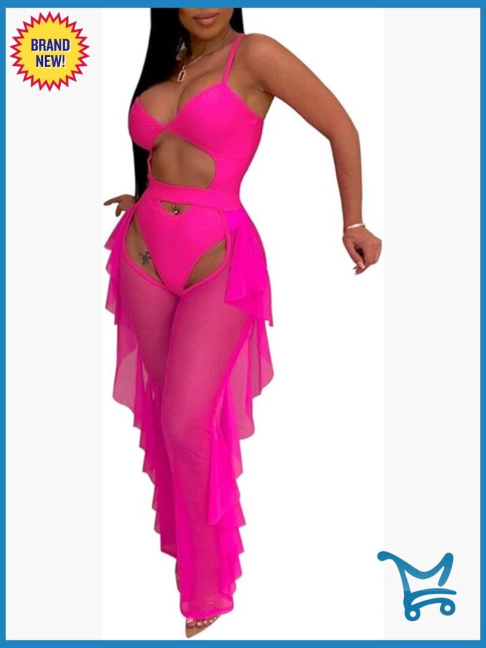 Sheer Mesh 2 Piece Outfit with Pearl Beaded Crop Top and Ruffle Pants